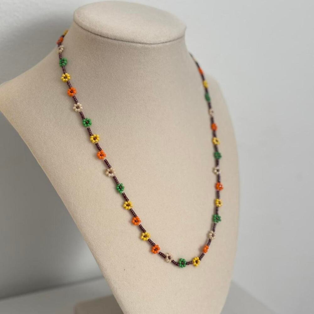 Multicoloured Beaded Flower Necklace Handmade Floral Jewelry Unique Gift - Picture 3 of 4